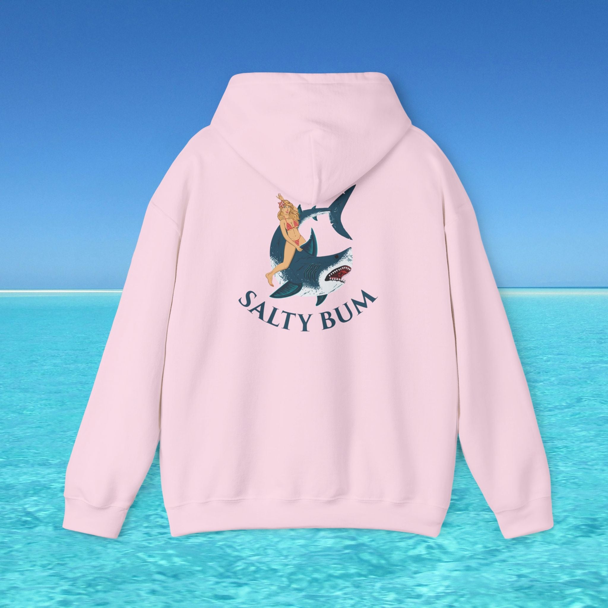 pink hoodie shark text