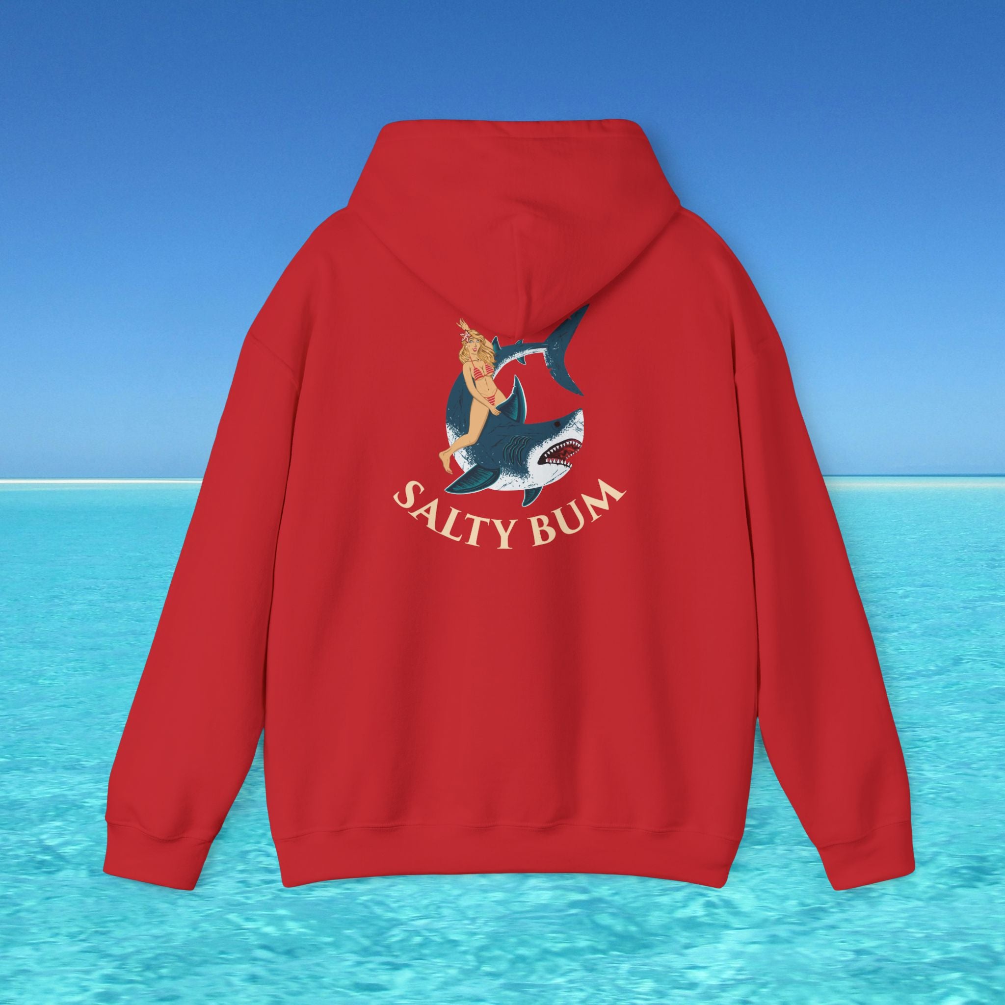 Red hoodie with 'Salty Bum' graphic on a blue water and sky background