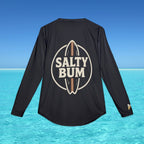Black long-sleeve shirt with 'Salty Bum' logo on a blue water background