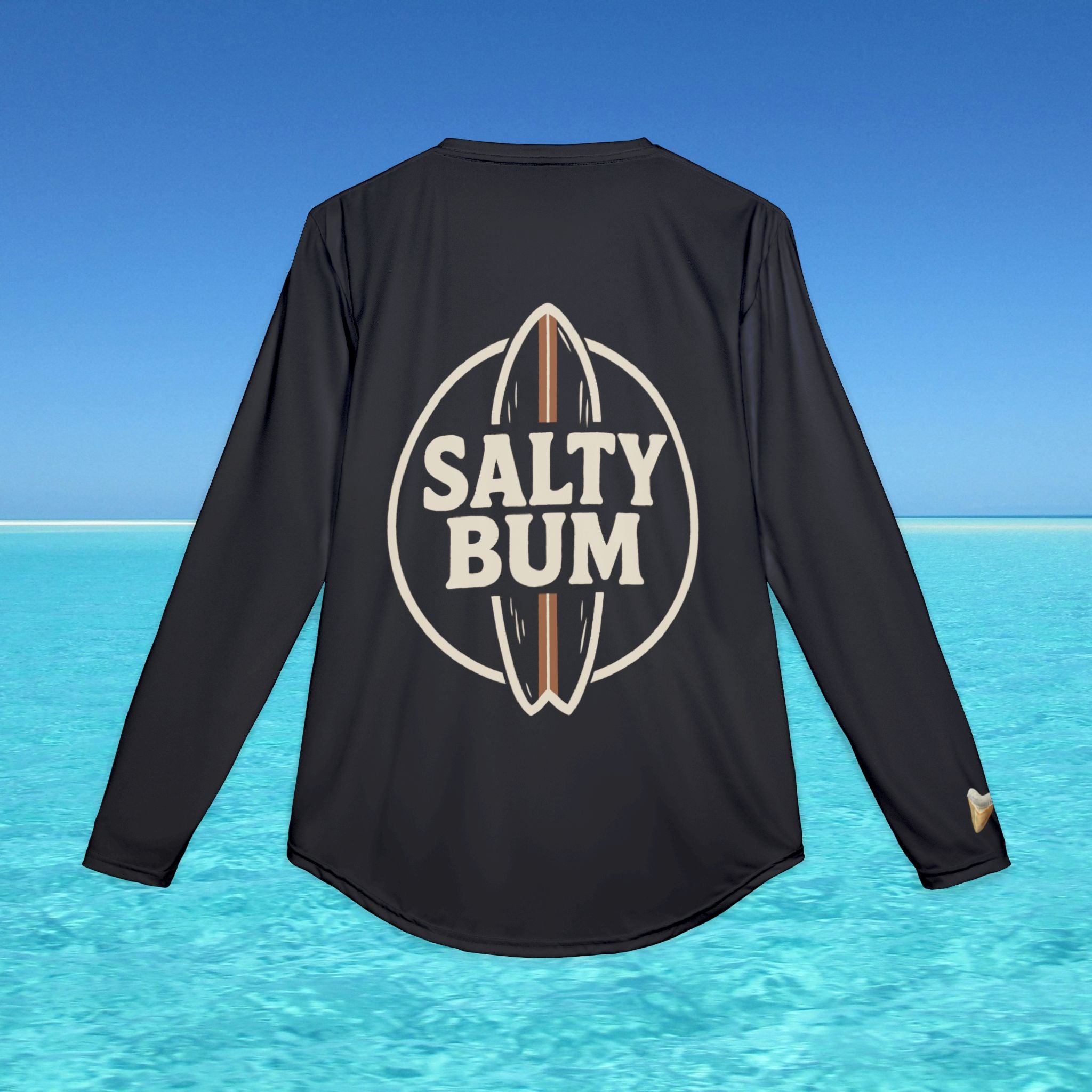 Black long-sleeve shirt with 'Salty Bum' logo on a blue water background