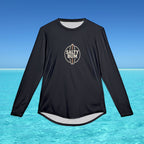 Black long-sleeve shirt with 'Salty Bum' logo on a blue water background