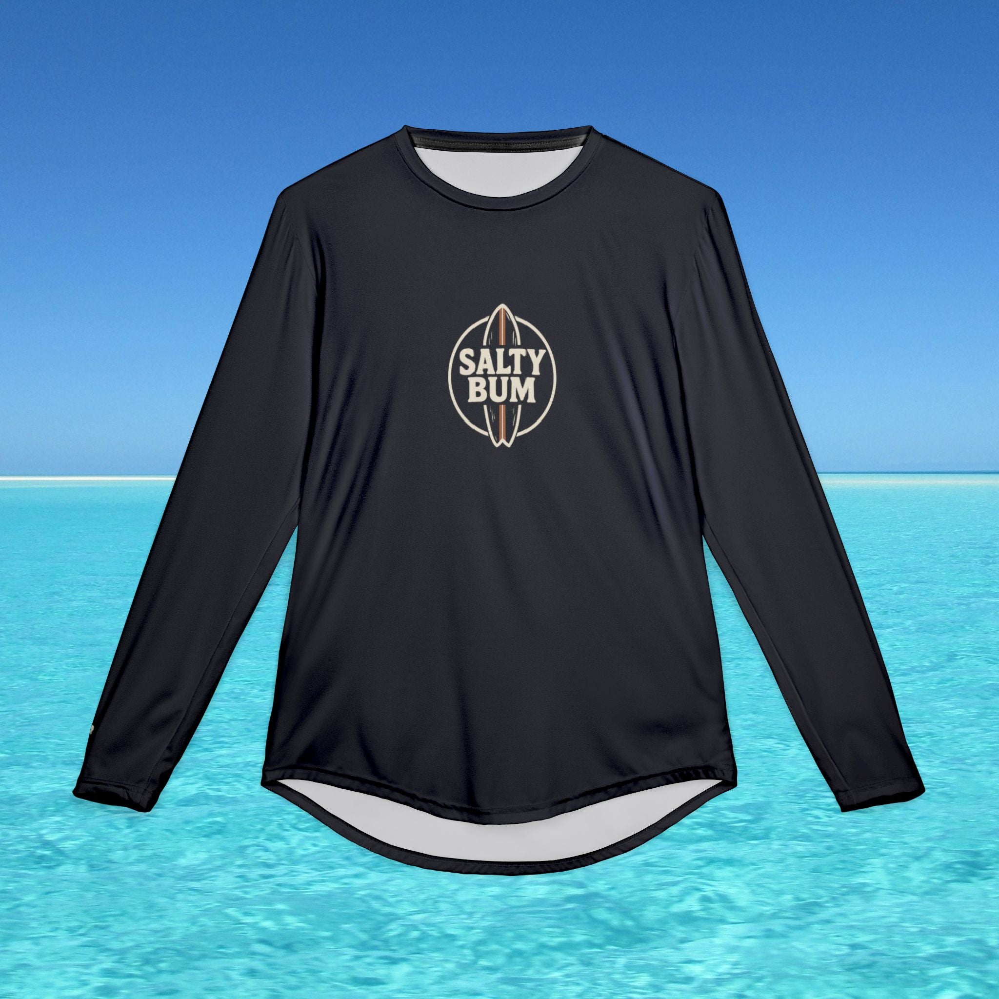 Black long-sleeve shirt with 'Salty Bum' logo on a blue water background