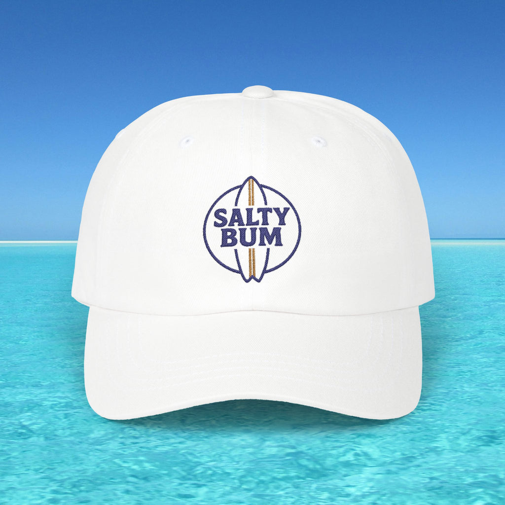 White cap with 'Salty Bum' logo on a clear blue water background