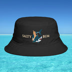 Black bucket hat with 'Salty Bum' design on a blue water background