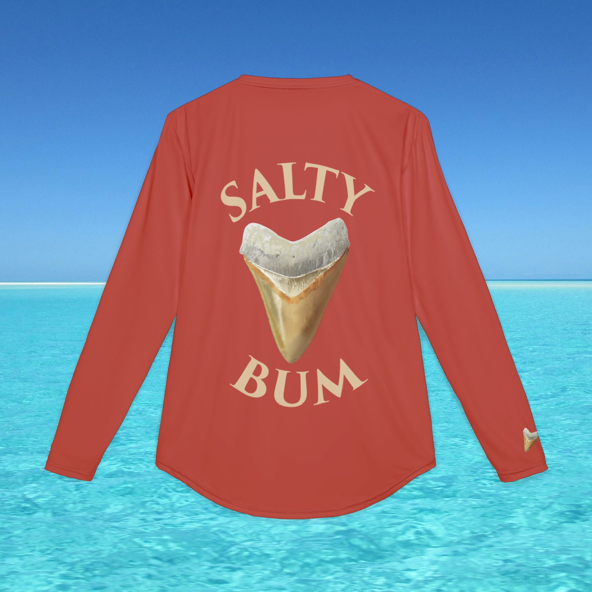 mens uv protection shirt with shark teeth logo back