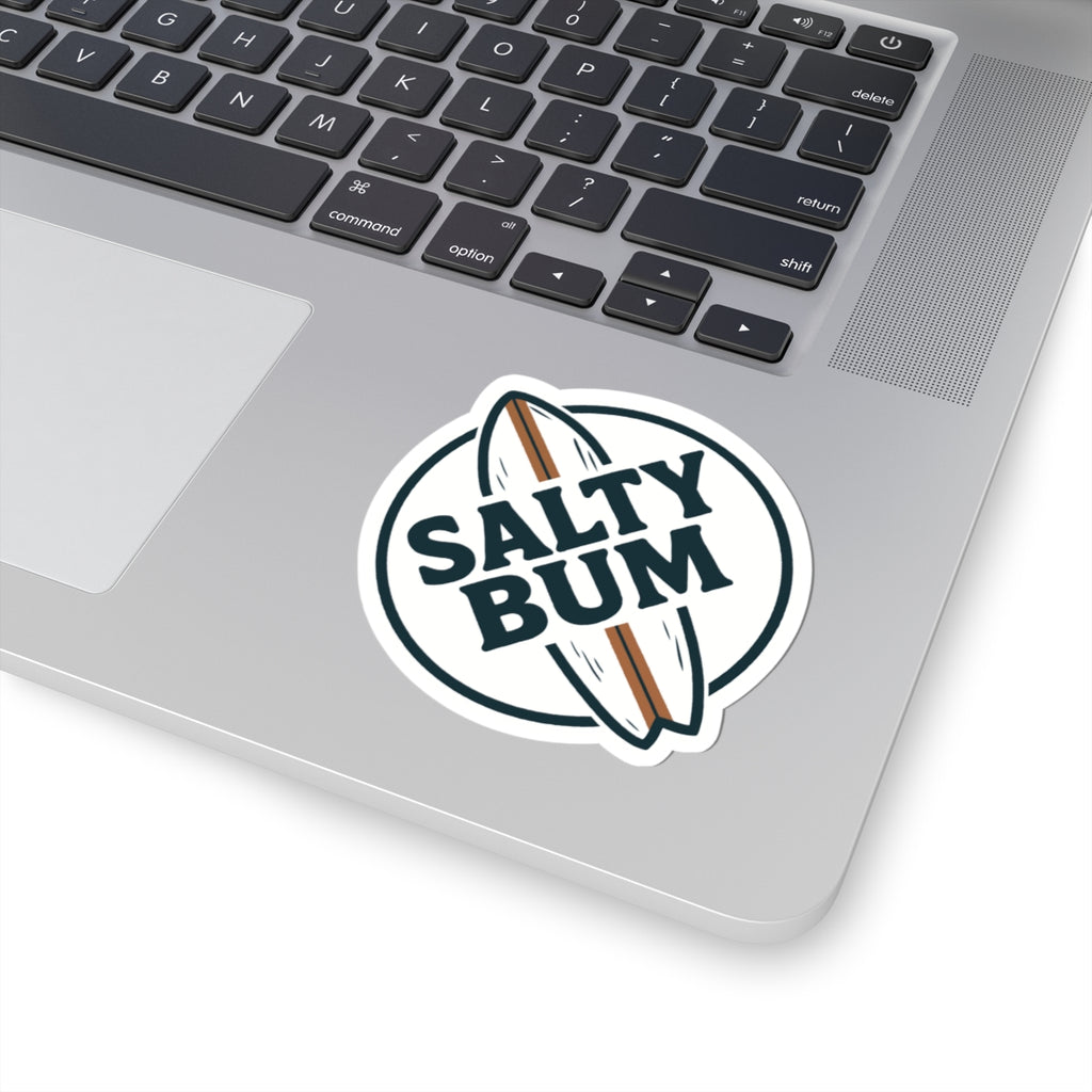 Laptop with a 'Salty Bum' sticker on the palm rest area
