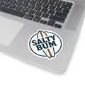 Laptop with a 'Salty Bum' sticker on the palm rest area