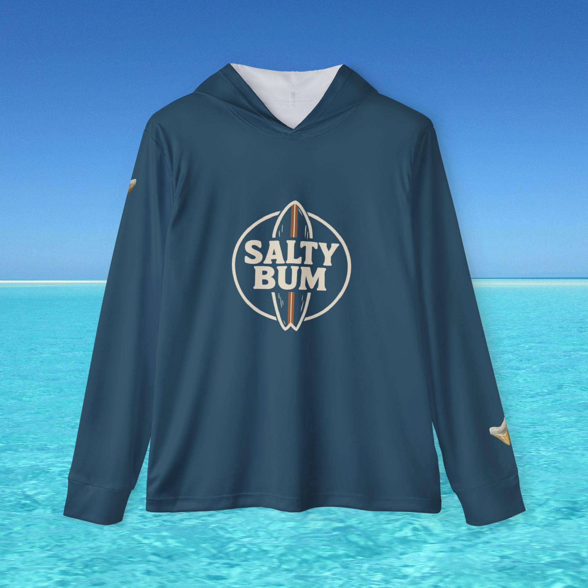 Navy hoodie with 'Salty Bum' logo on a blue water and sky background