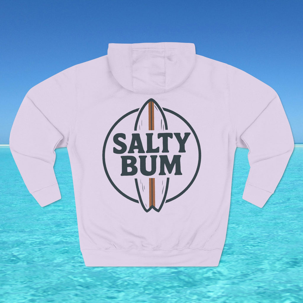 White hoodie with 'Salty Bum' logo on a blue water background