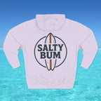 White hoodie with 'Salty Bum' logo on a blue water background