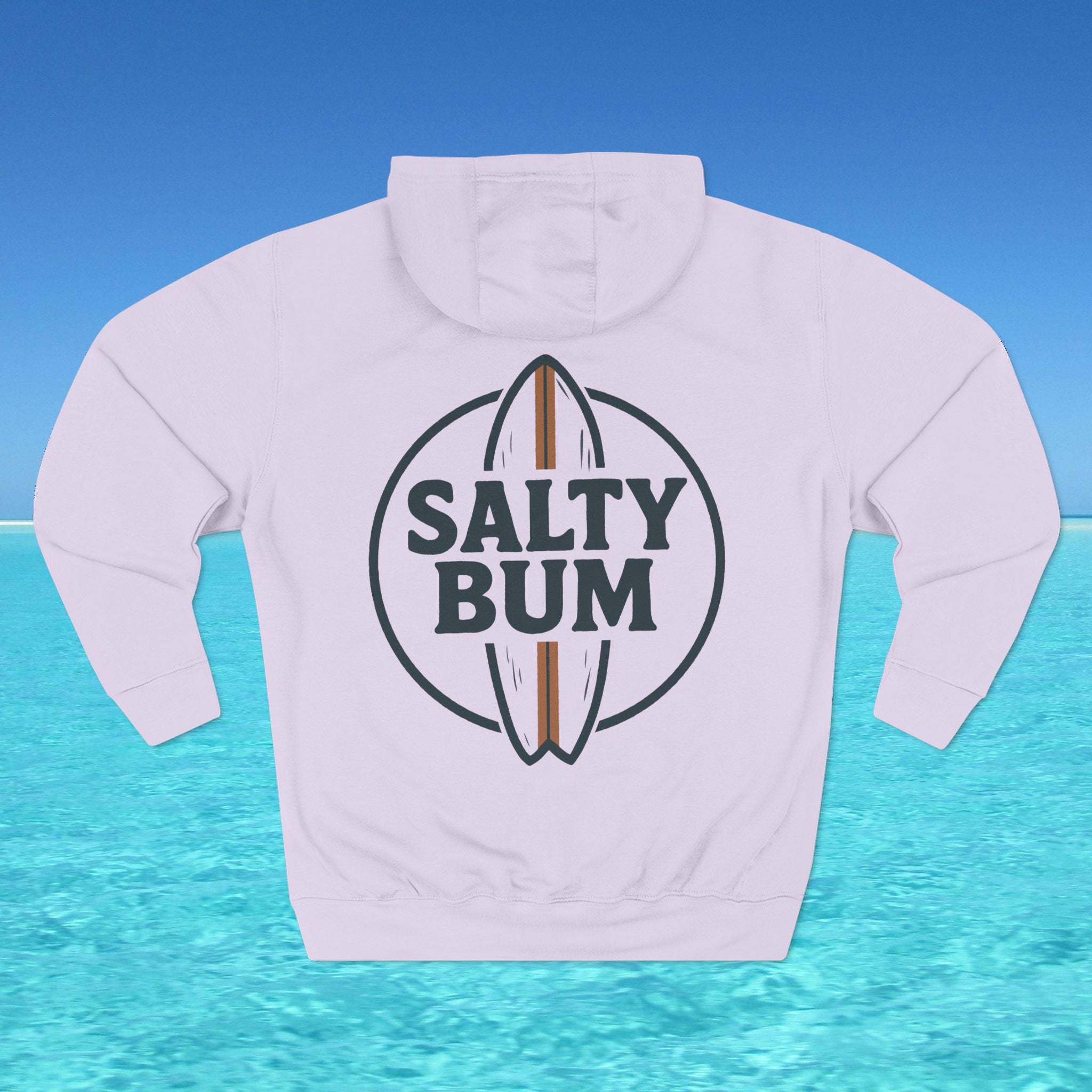 White hoodie with 'Salty Bum' logo on a blue water background