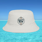 Beige bucket hat with 'Salty Bum' logo on a clear blue water background