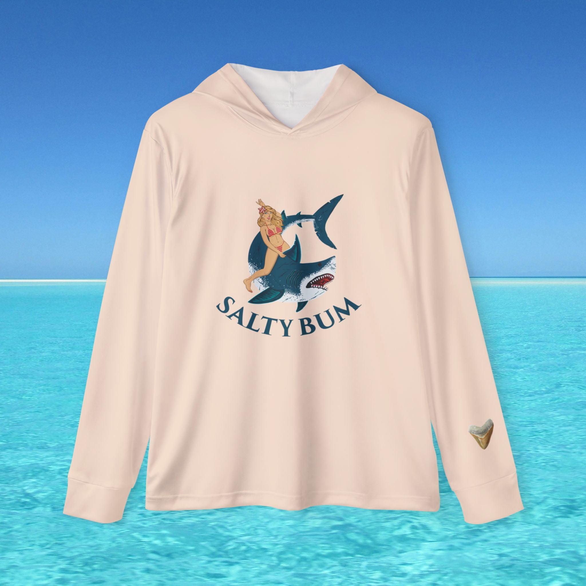 Beige hoodie with 'Salty Bum' graphic on a blue ocean background