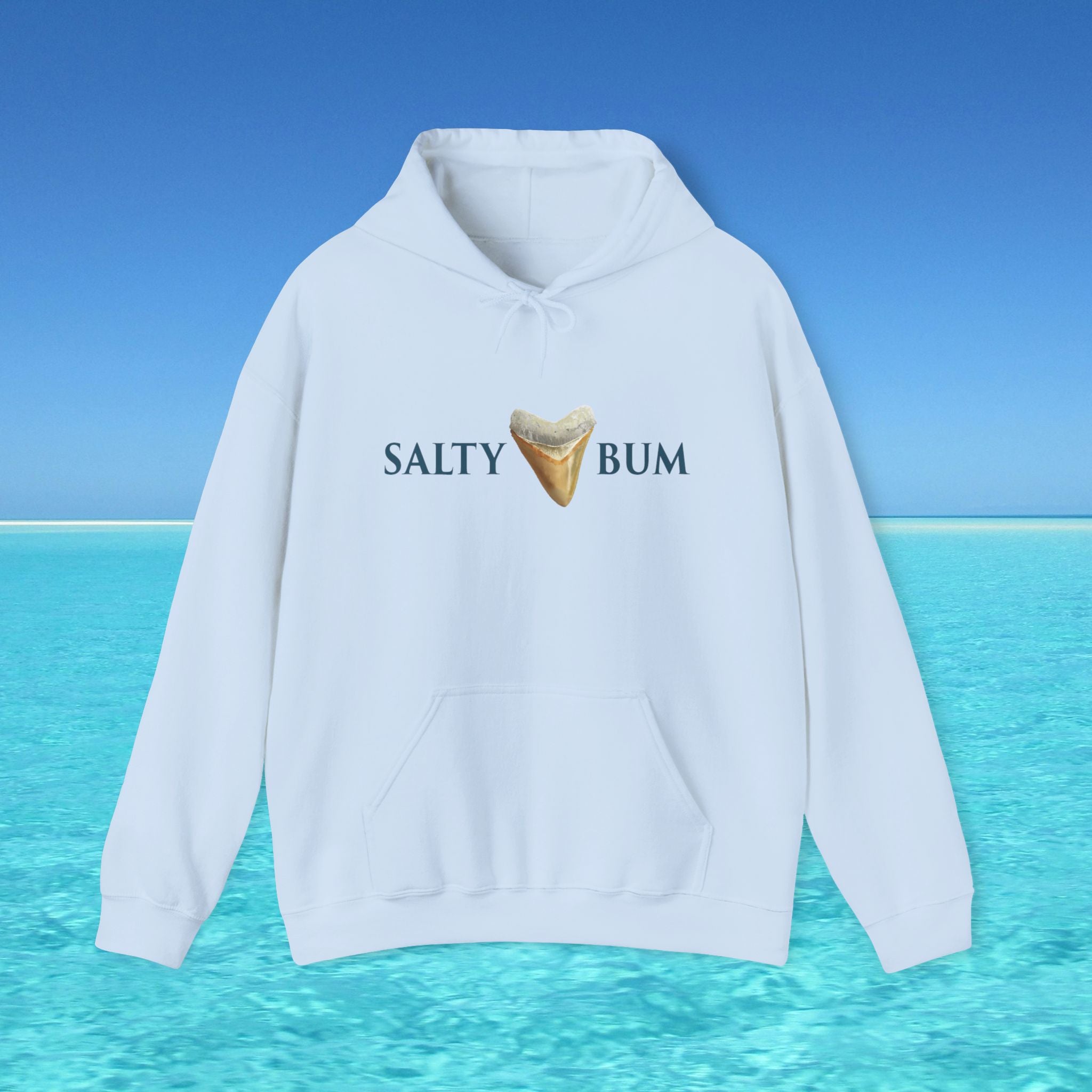 White hoodie with 'Salty Bum' text and logo on a blue water and sky background