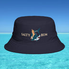 Navy bucket hat with 'Salty Bum' logo on a blue water background