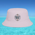 Pink bucket hat with 'Salty Bum' logo on a clear blue water background