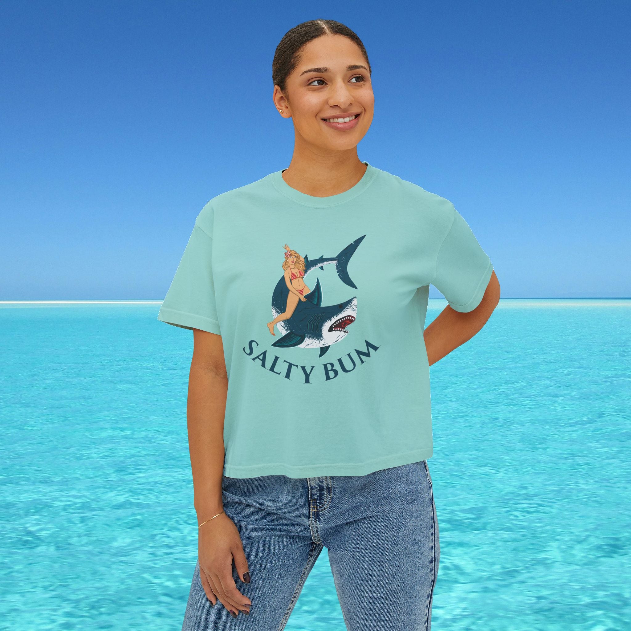 womans boxy tee salty bum shark on blue