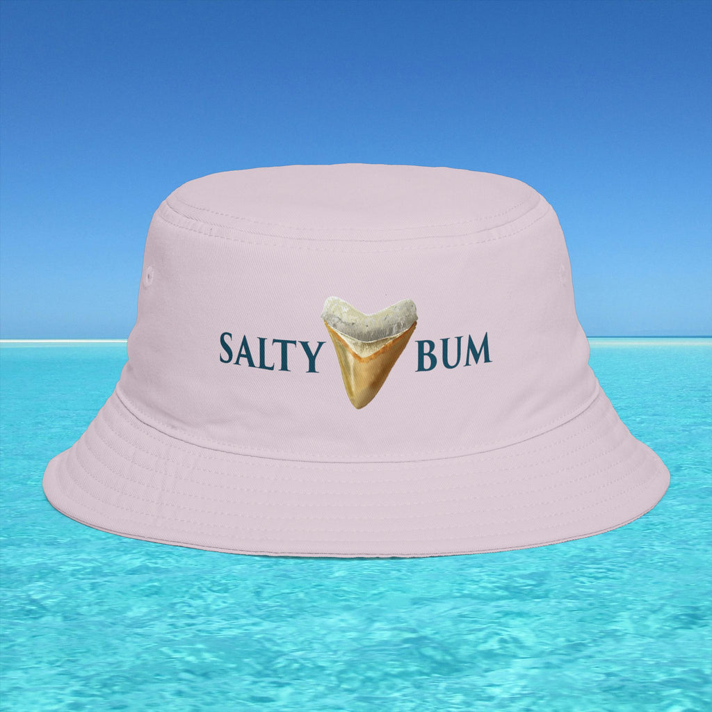 Pink bucket hat with 'Salty Bum' text and shark tooth graphic on a beach background