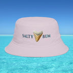 Pink bucket hat with 'Salty Bum' text and shark tooth graphic on a beach background