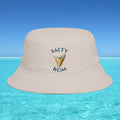 Beige bucket hat with 'Salty Bum' text and ice cream graphic on a blue water and sky background