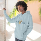 Person wearing a light blue hoodie with 'Salty Bum' text and ice cream graphic.