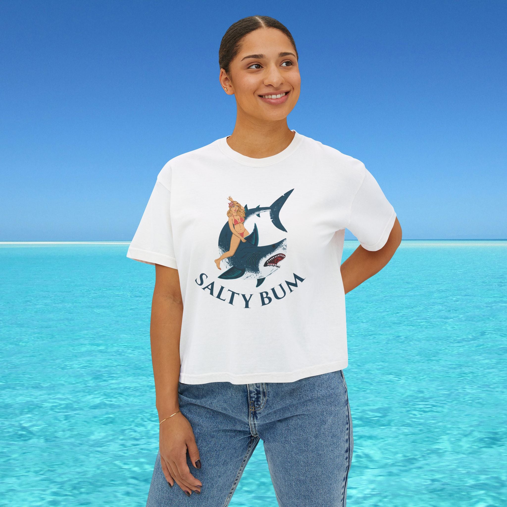 womans boxy tee salty bum shark on white