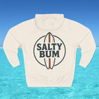 Beige hoodie with 'Salty Bum' logo on a blue water background