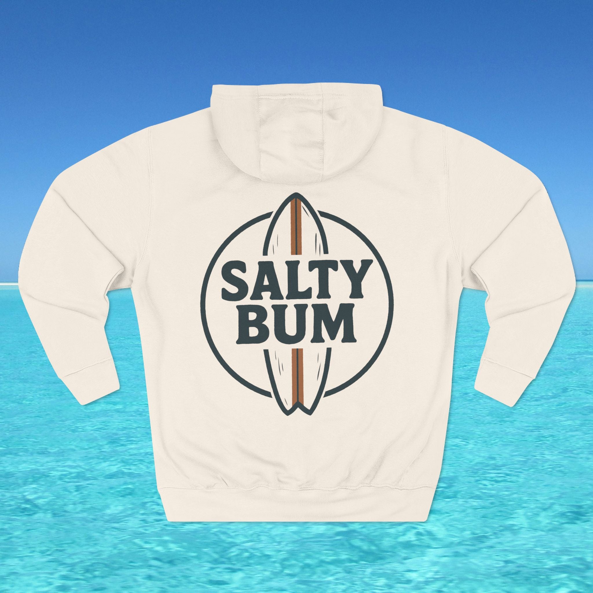 Beige hoodie with 'Salty Bum' logo on a blue water background