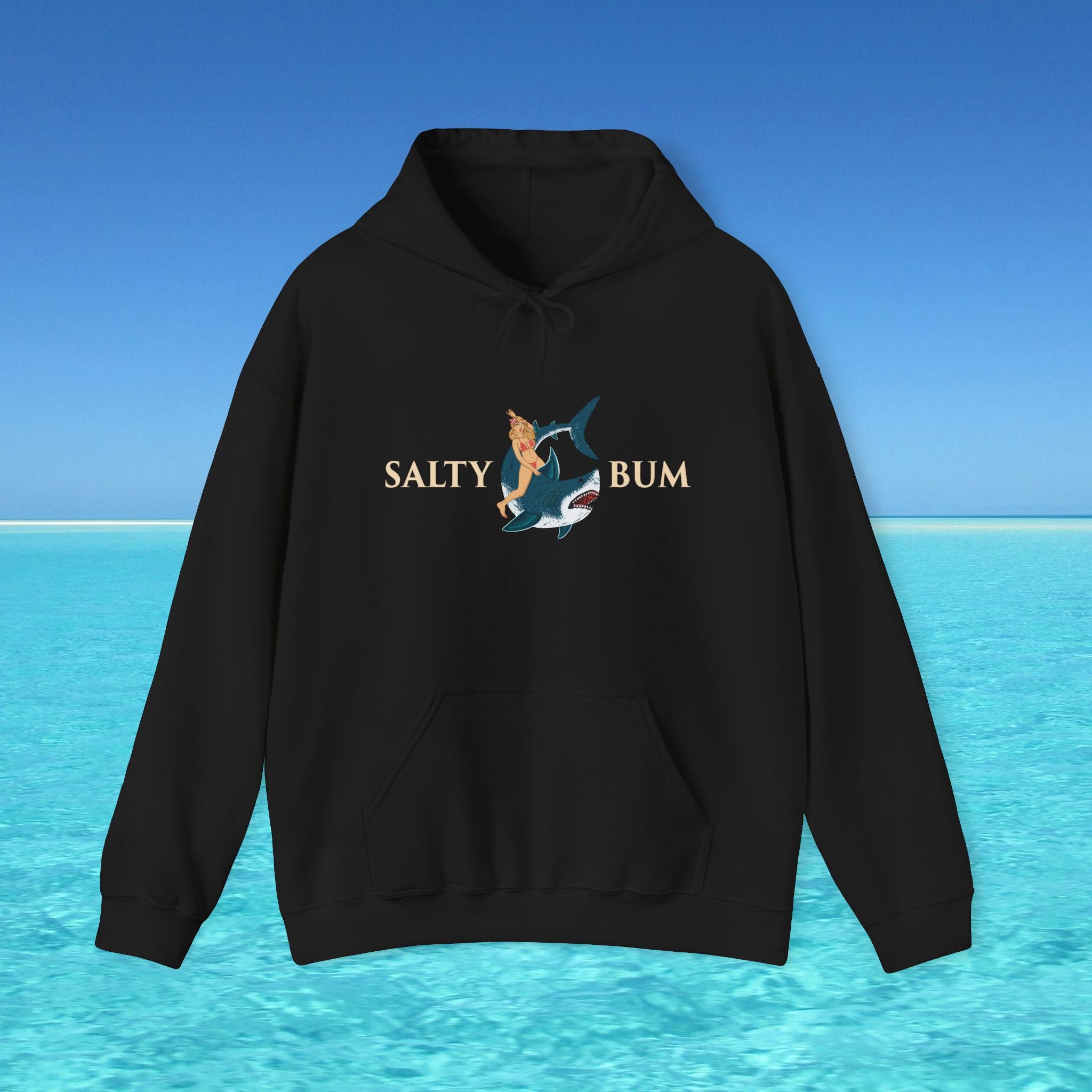Black hoodie with 'Salty Bum' graphic on a blue water and sky background