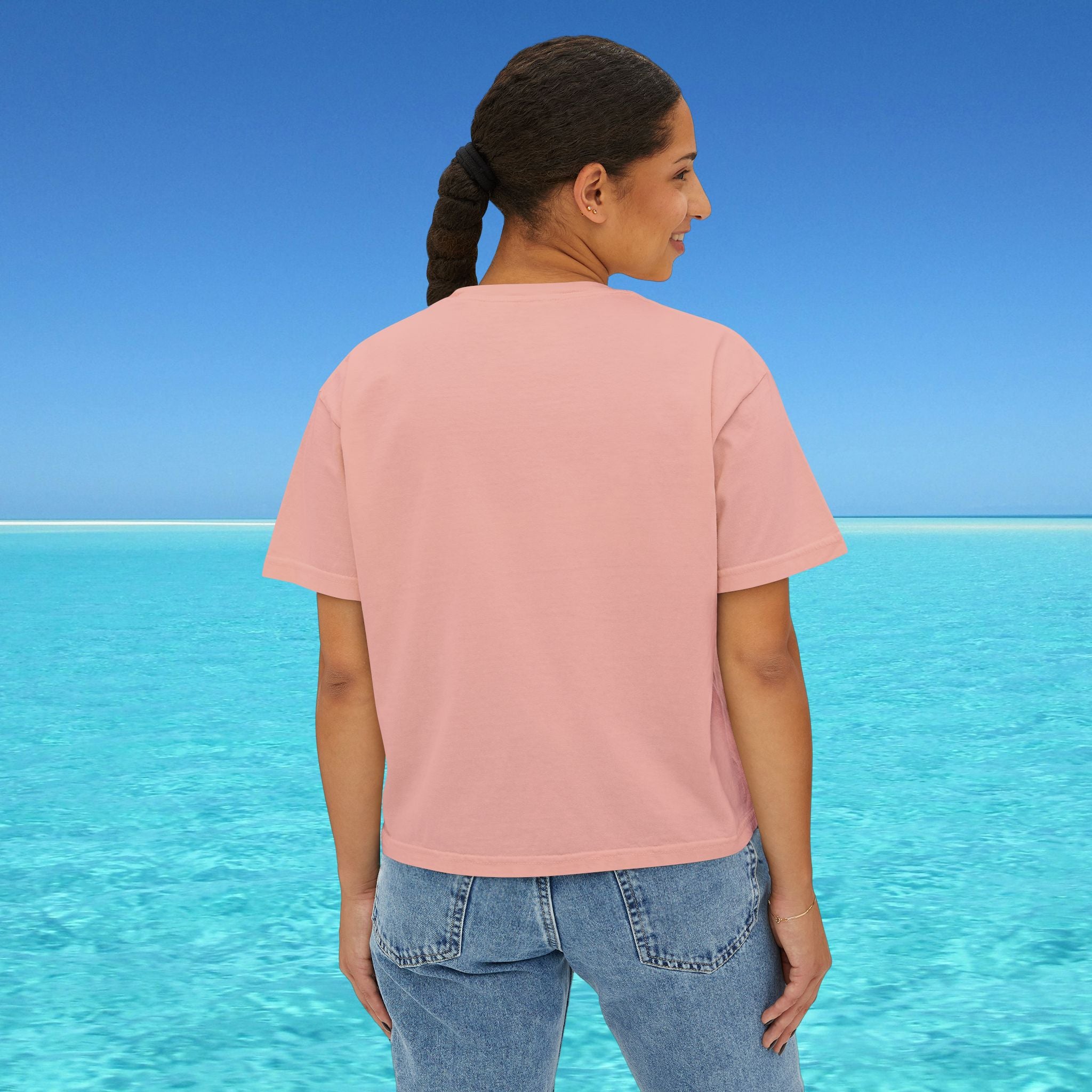 back of womans boxy tee peach