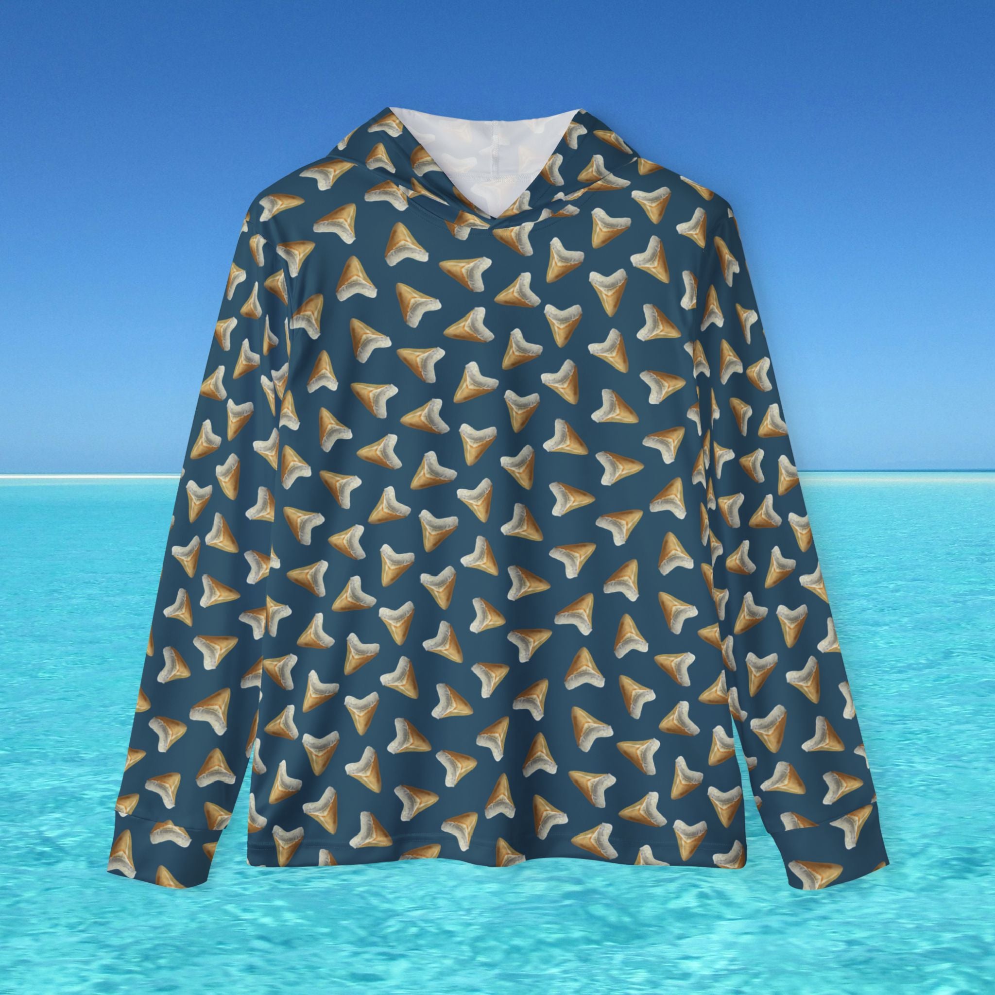 Hoodie with shark tooth pattern on a blue ocean background
