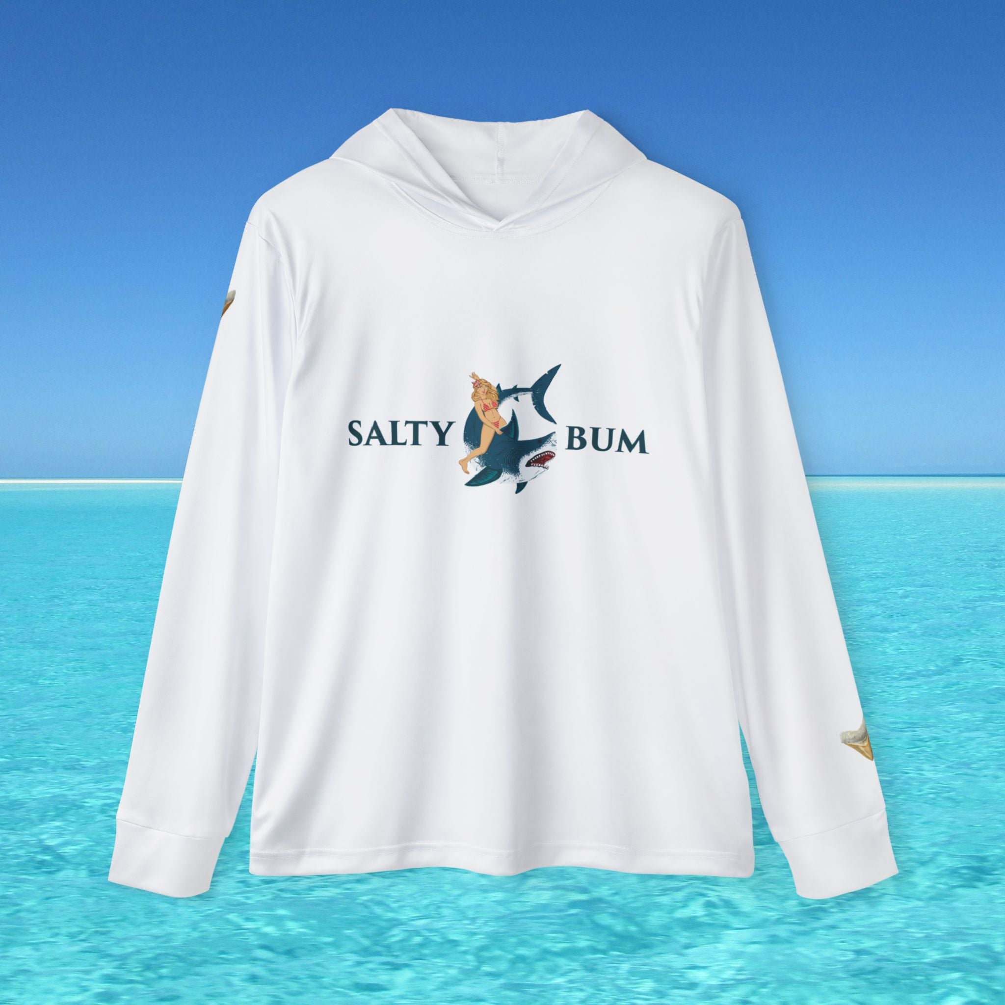 White long-sleeve shirt with 'Salty Bum' logo on a blue ocean background