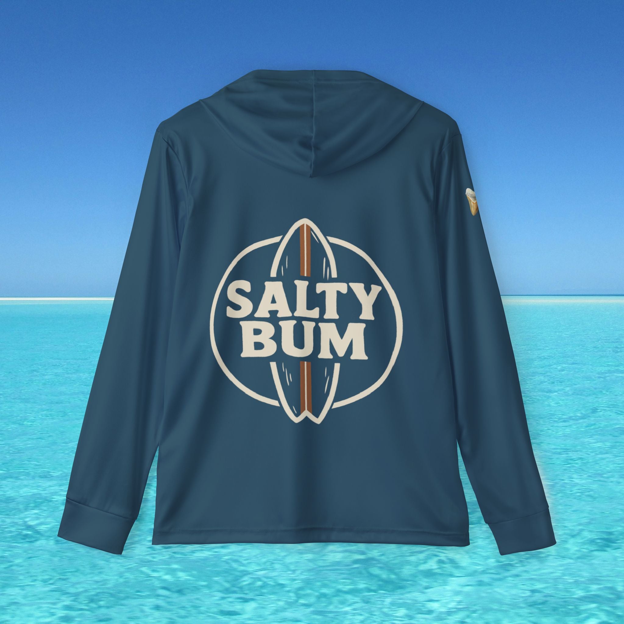 Navy blue hoodie with 'Salty Bum' logo on a beach background