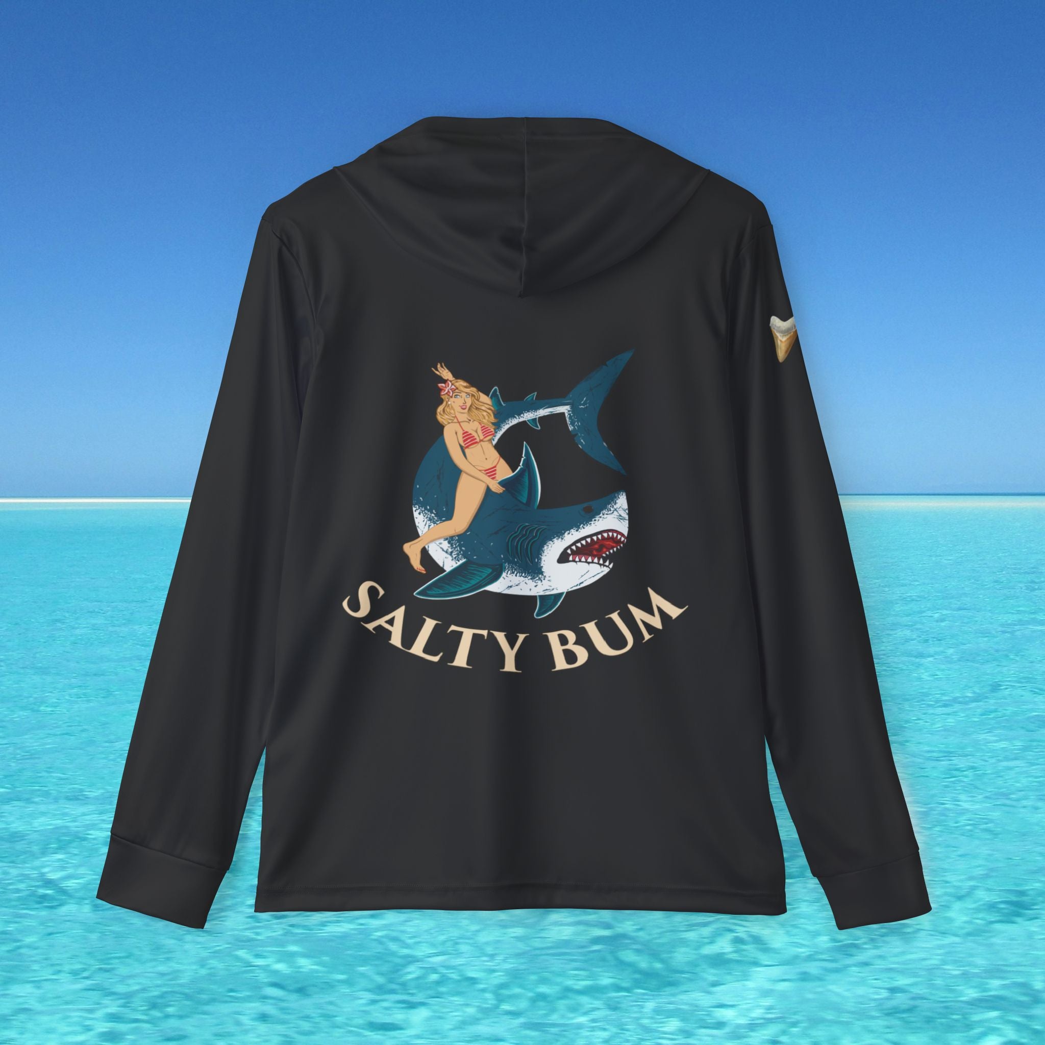 Black hoodie with 'Salty Bum' graphic on a blue water and sky background