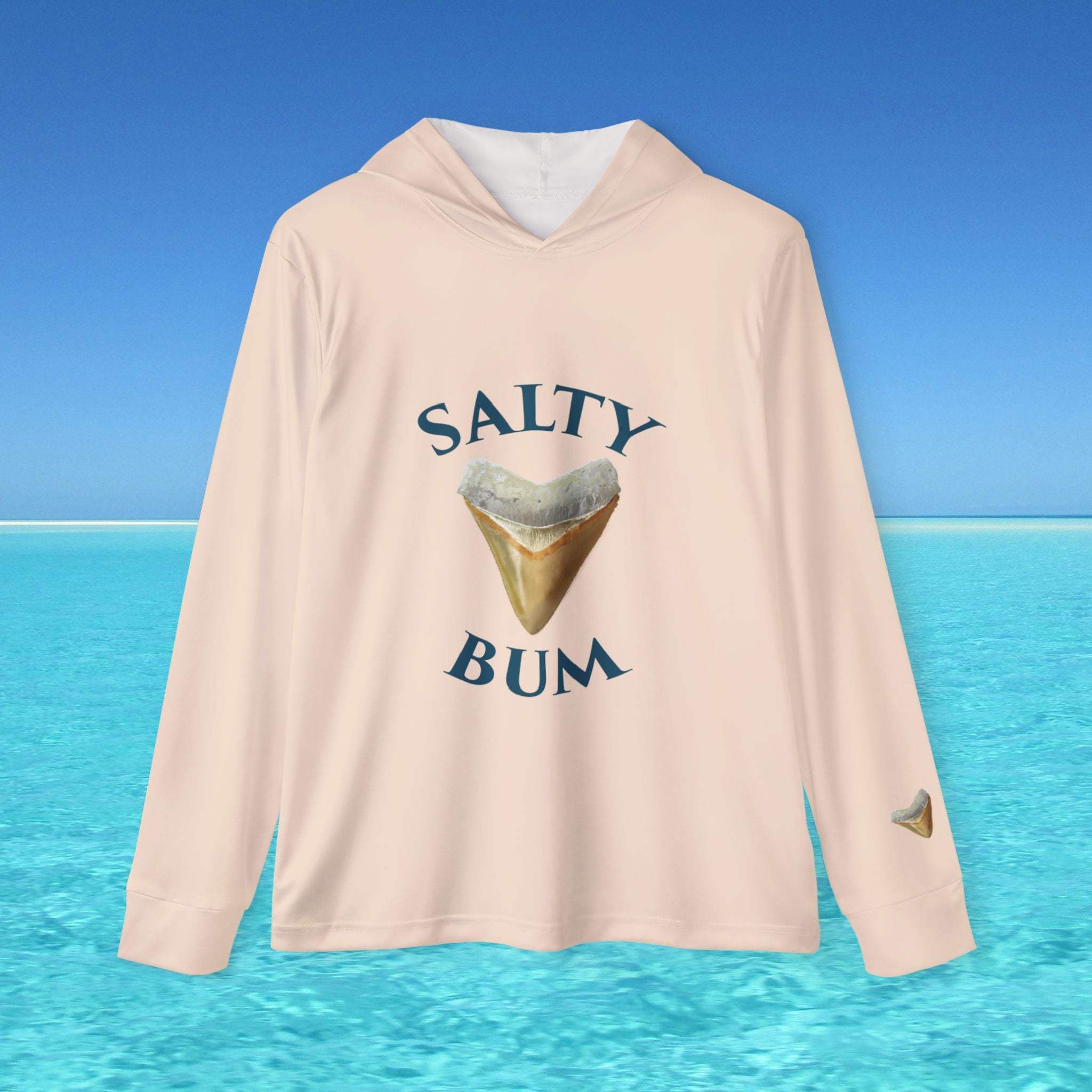 Beige hoodie with 'Salty Bum' graphic on a blue ocean background