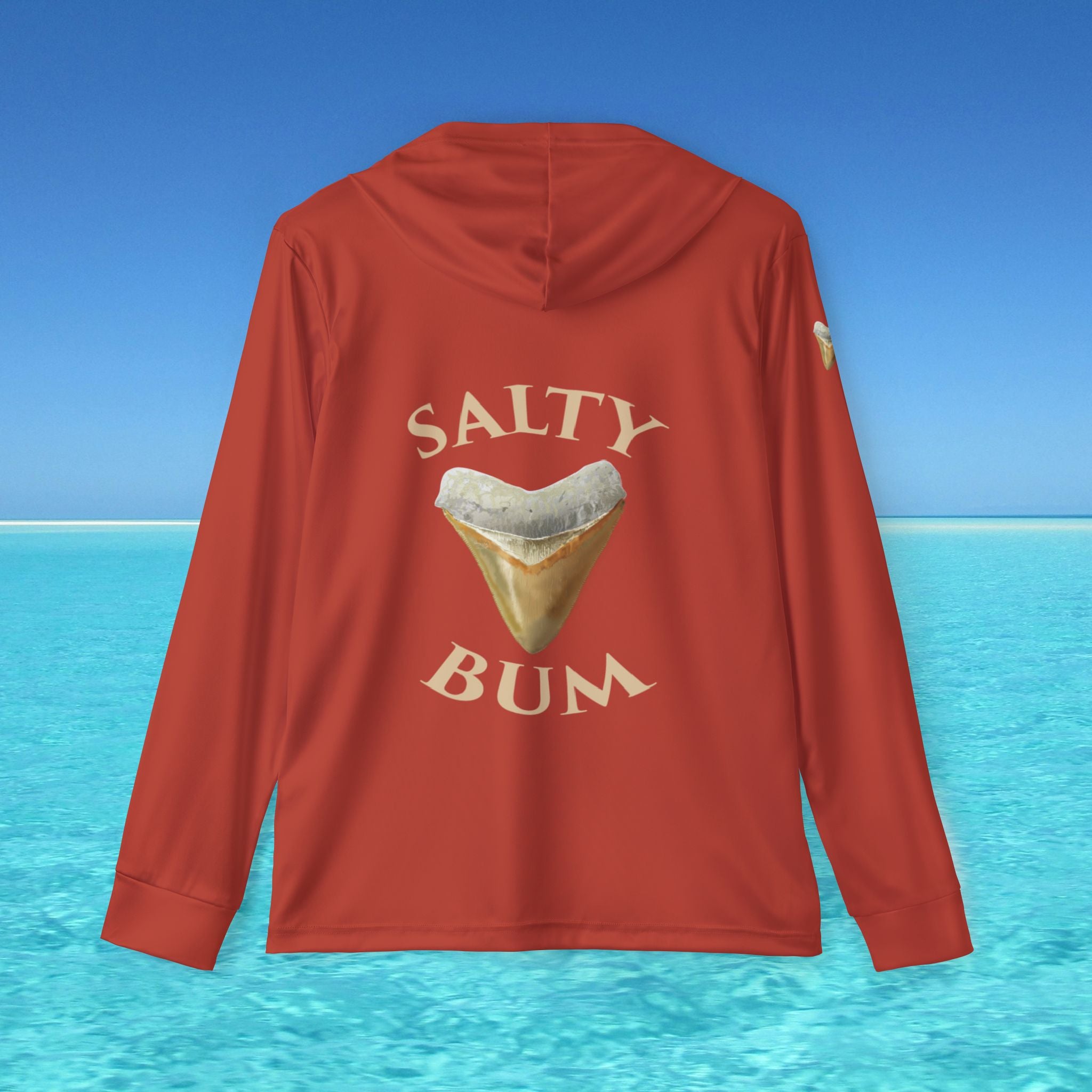 Red hoodie with 'Salty Bum' graphic on a blue water and sky background