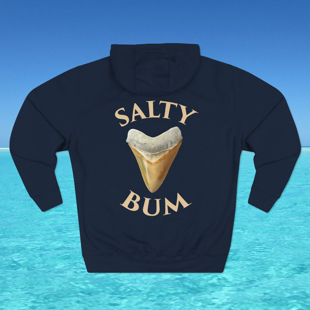 Navy blue hoodie with 'Salty Bum' graphic on a blue water background