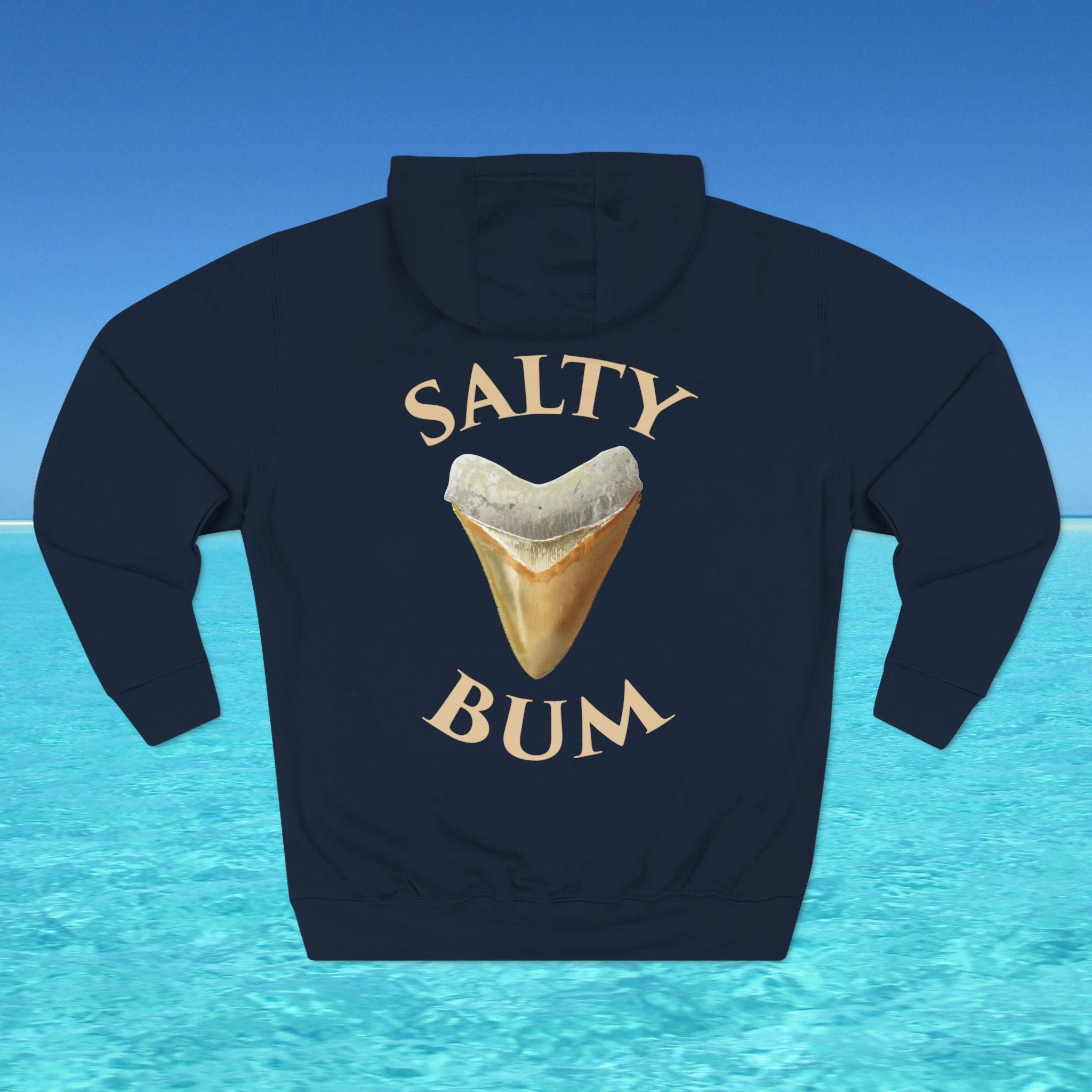 Navy blue hoodie with 'Salty Bum' graphic on a blue water background