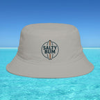 Beige bucket hat with 'Salty Bum' logo on a blue water and sky background