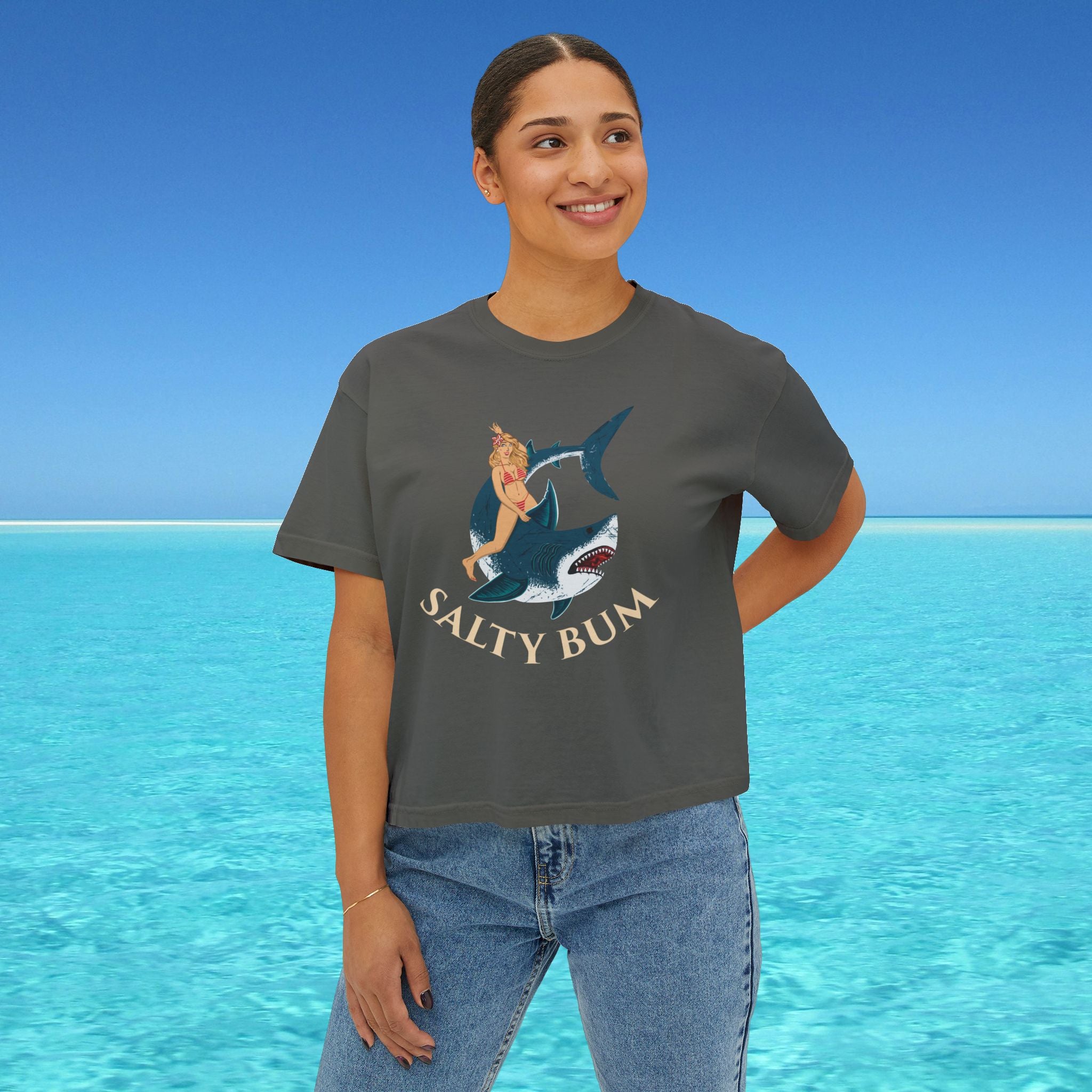 womans boxy tee salty bum shark on grey