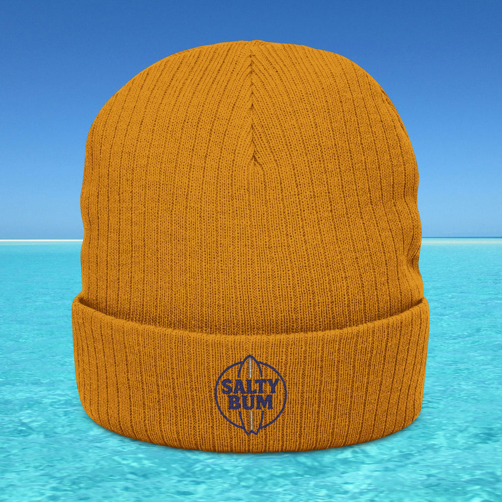 Orange beanie with 'Salty Bum' logo on a blue water and sky background