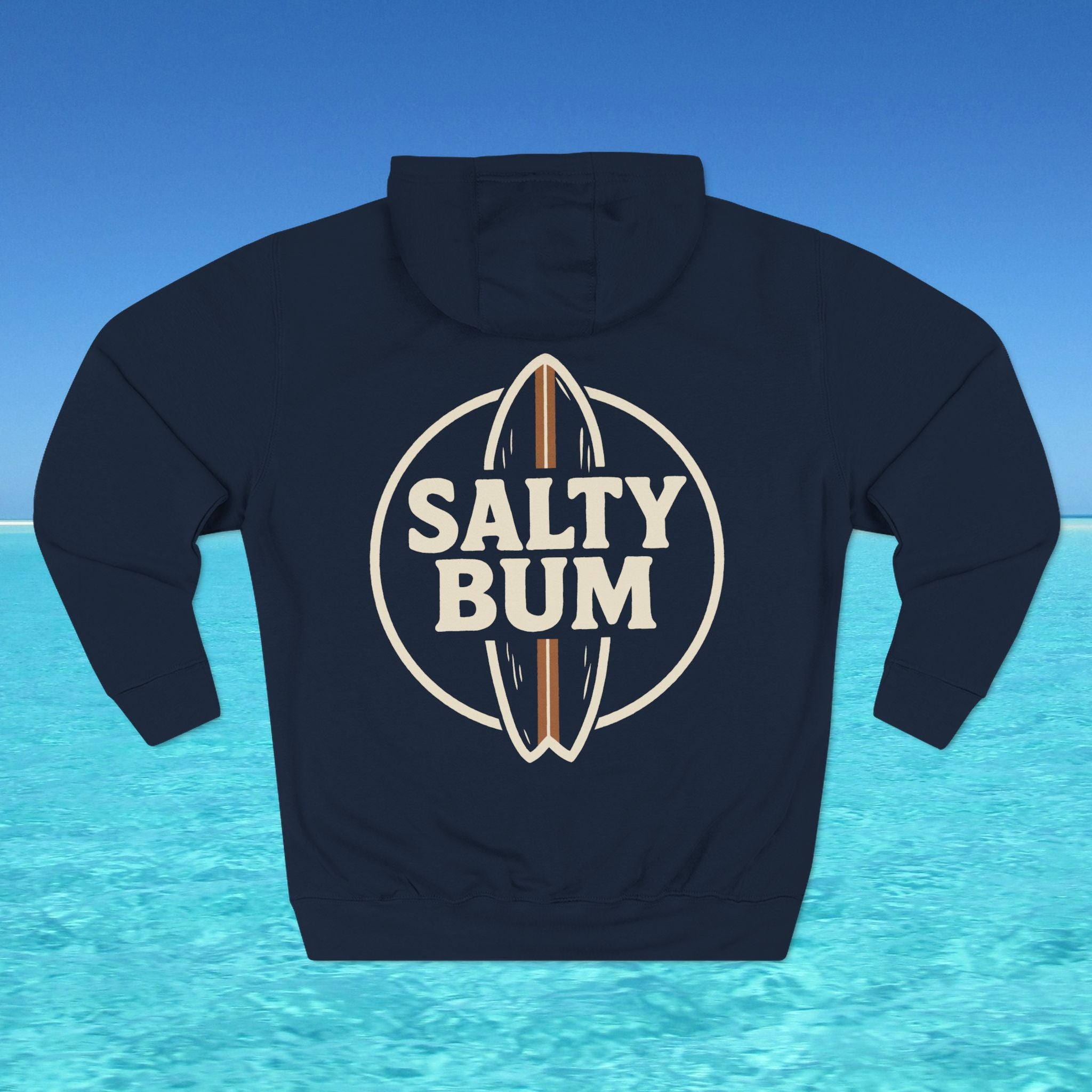Navy blue hoodie with 'Salty Bum' logo on a blue water and sky background
