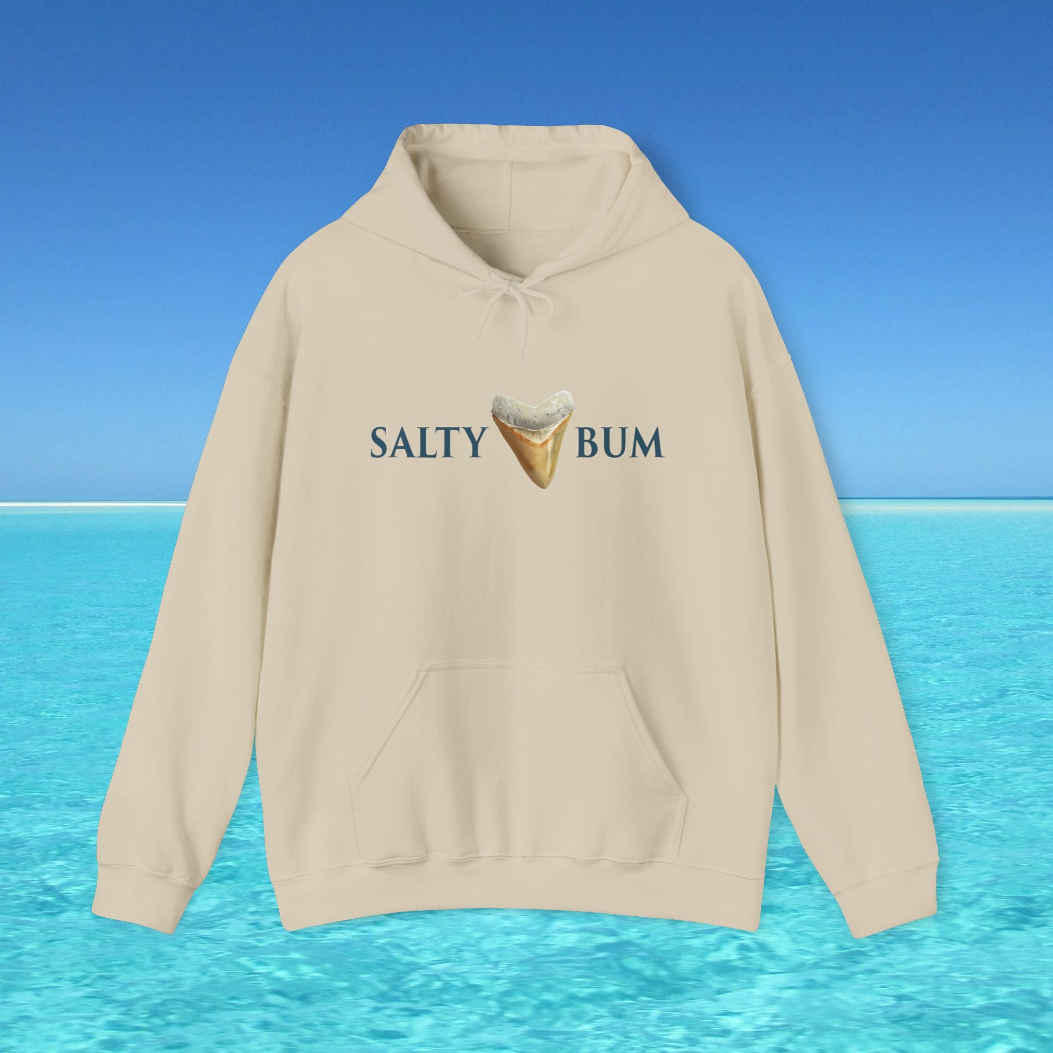 Beige hoodie with 'Salty Bum' text and ice cream graphic on a blue ocean background