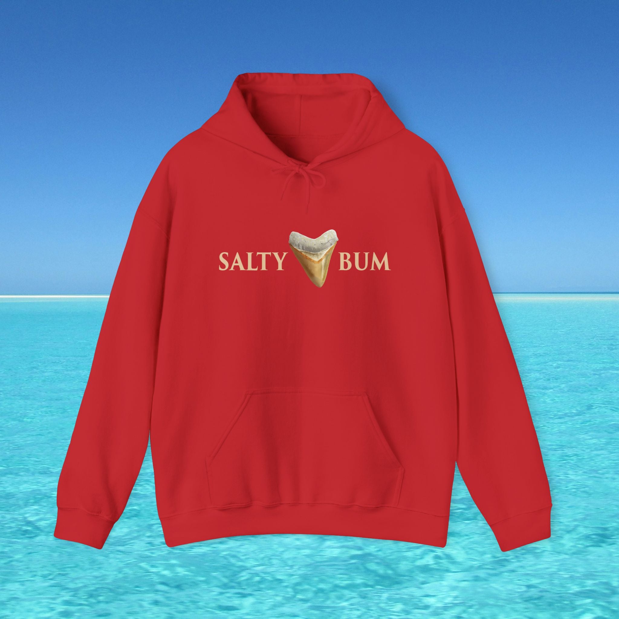 Red hoodie with 'Salty Bum' text and ice cream graphic on a blue water and sky background