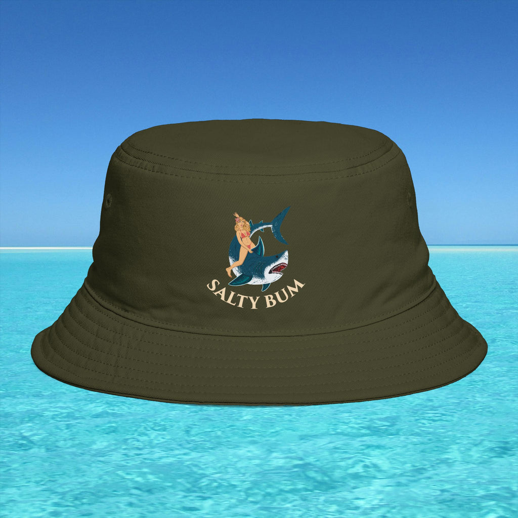 Brown bucket hat with 'Salty Bum' logo on a blue water and sky background