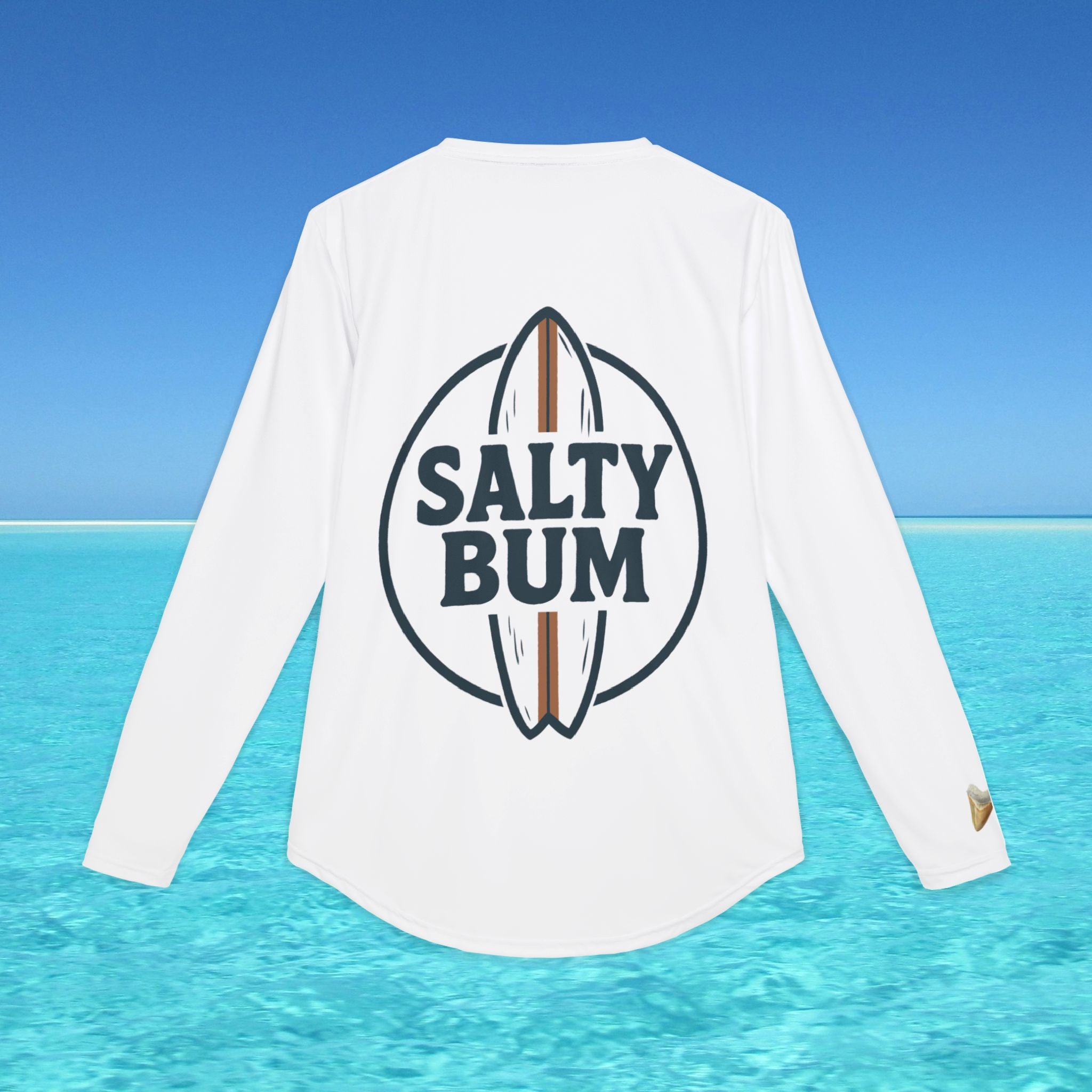 White long-sleeve shirt with 'Salty Bum' graphic on a blue water background