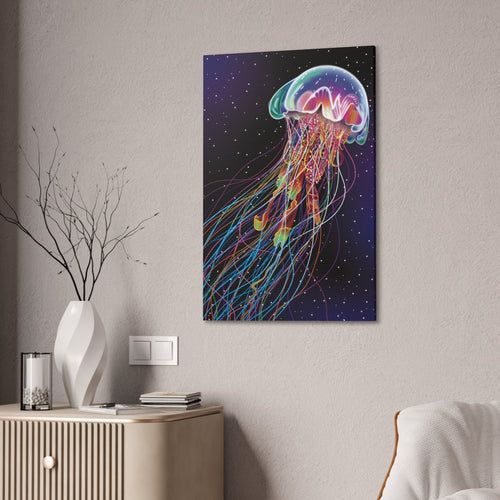 Colorful jellyfish artwork on a wall above a cabinet with decorative items.