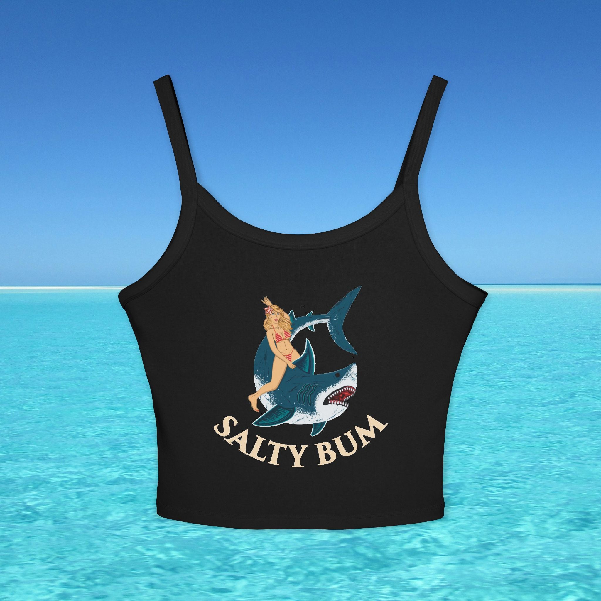 Black tank top with 'Salty Bum' graphic design on a blue water background