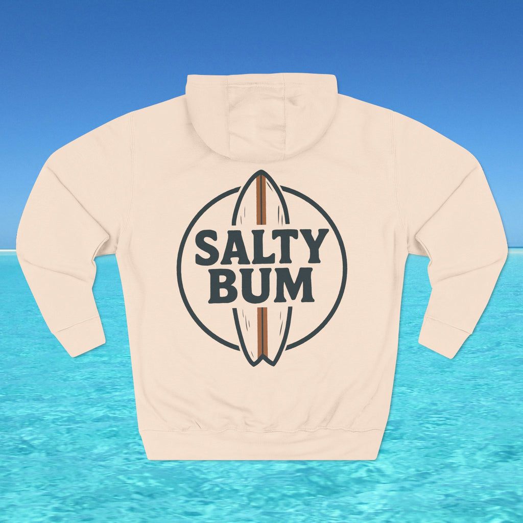 Beige hoodie with 'Salty Bum' logo on a blue water and sky background