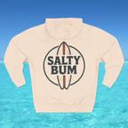 Beige hoodie with 'Salty Bum' logo on a blue water and sky background